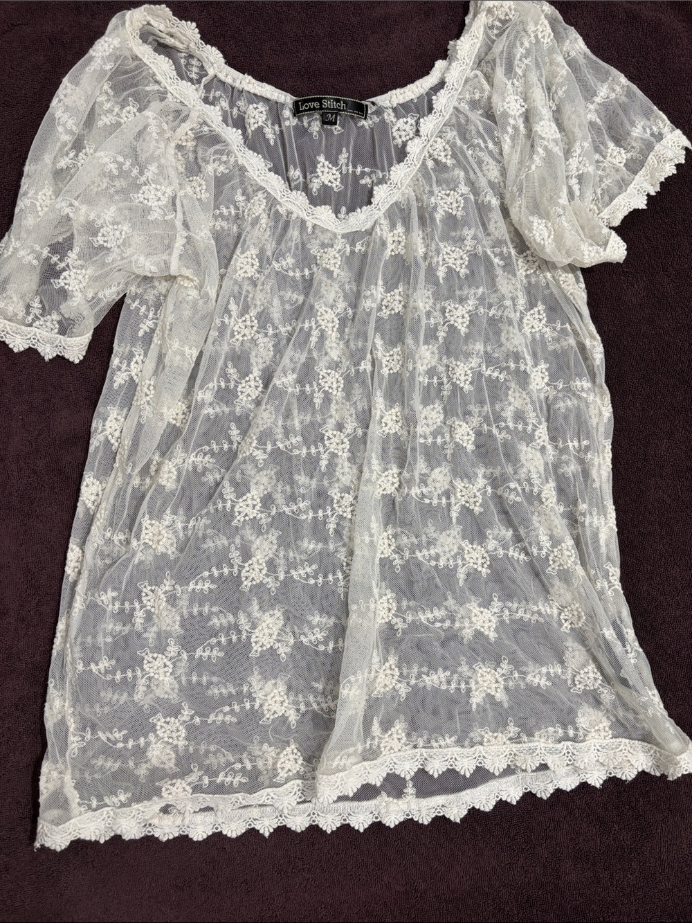 Love Stitch Ivory Sheer Lace Flutter Sleeve Top